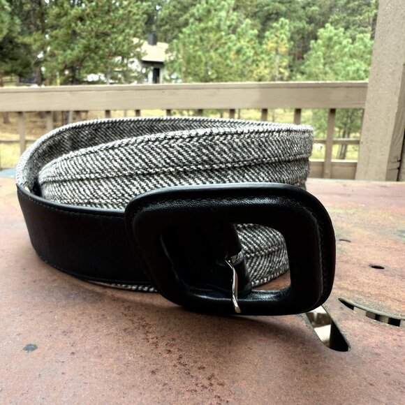 EUC Vintage Cole Haan Herringbone/Tweed Black Leather Corset Belt - Picture 1 of 5